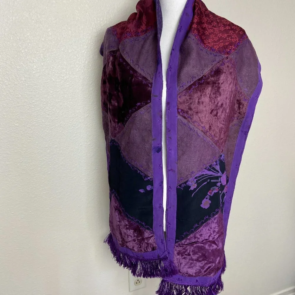 Vintage Patchwork Scarf Reversible 100% Rayon Fringe
